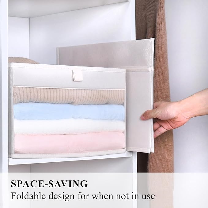 WUIKE 6-Pack Closet Storage Bins with Window, Beige Large | 14.57"L x 10"W x 8.6"H, Durable Fabric Baskets,Linen Closet Organizers and Storage for Clothes, Purses, and Blankets