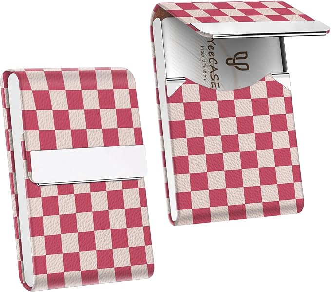 2Pack Leather Stainless Steel Business Card Holder, Metal Slim Business Card Case for Women or Men, Pocket Business Card Carrier with Prints, Magnetic Closure, RFID Blocking