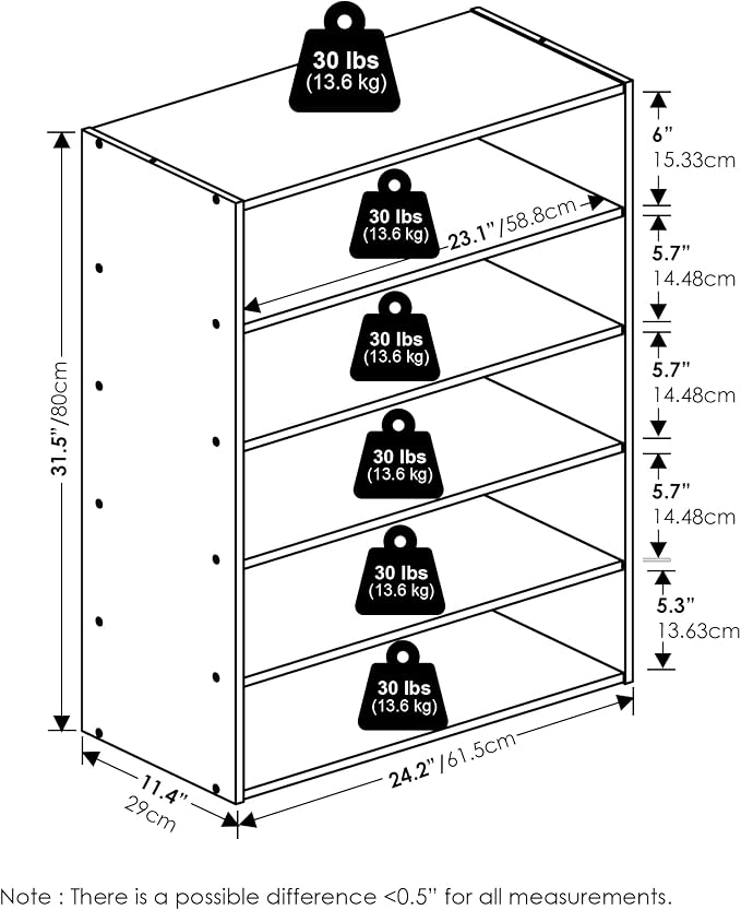 Furinno FANO 5-Tier Shoe Rack, Stackable Shoe Organizer, Dark Oak | 11.4 x 24.2 x 31.5, Shoes Storage, for Closet Entryway, Office, Garage