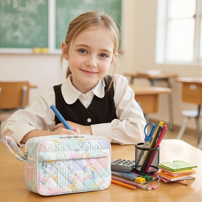 WOBAGMEN Quilted Pencil Pouch for Women, Large Capacity Pencil Case with Compartments, Cute Aesthetic Pencil Organizer, Floral Stationery Pouch（Colorful Patchwork）