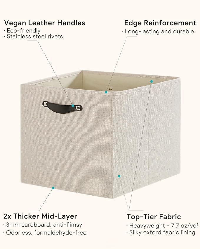 Cube Storage Bins | 11.8"x11.8"x11.8", Beige, 6 Pack | Multi-Size | 2X Thick Support Board | Vegan Leather Handles | 7.7 oz/yd² Fabric | 12"x12" Drawer Insert Basket