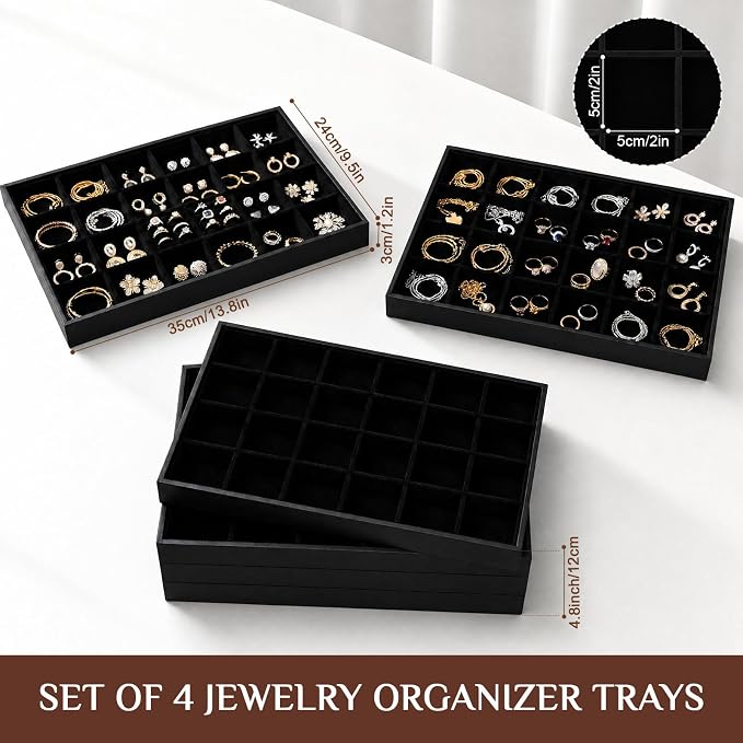 Unittype Set of 4 Stackable Jewelry Organizer Tray for Drawer Inserts Velvet Necklace Earring Bracelet Ring Holder Jewelry Display Storage Box for Bangle Stud Necklace Ring(24 Grid,Black)