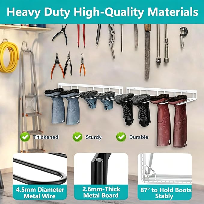 Boot Rack - 4-Pair Wader Hangers Wall Mount Sturdy Metal Cowboy Boot Hangers - Wall Boots Holder Storage Organizer for Closet, Entryway, Indoor, Garage,White