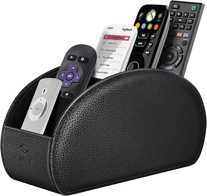 FINTIE Remote Control Holder, 5 Compartments Vegan Leather TV Remoter Caddy Desktop Organizer Makeup Brush Holder Storage Fits TV Remotes, Media Controllers, Office Supplies(Black)