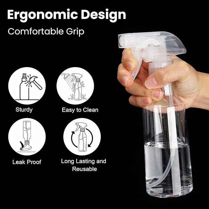 2 Pack 360° Reverse Plastic Spray Bottles 10oz/310ml Empty Spray Bottle Adjustable Nozzle Fine Mist Spray Bottle for Hair Cleaning Solutions Cooking Plant Essential Oils(Clear)