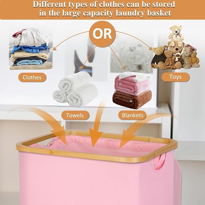 IEGrow Laundry Basket with Wheels 110L Laundry Basket with Mesh Bag,Pink | Laundry Hamper with Lid and Bamboo Frame, for Laundry Room, Bedroom, Dormitory Storage