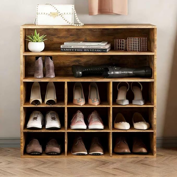 9-Cubby Shoe Rack, Wood Shoe Organizer Bench for Entryway Hallway Closet | Wood