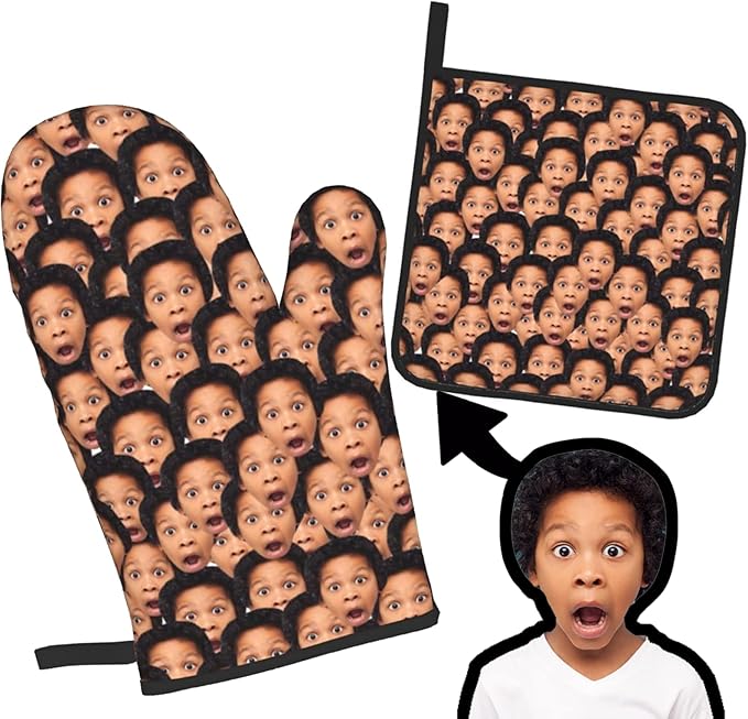 Custom Oven Mitts and Pot Holders Personalized with Your Face, Baking Gifts for Women for Kitchen Cooking, BBQ, Grillin-Style1, 1 Oven Mitts+ 1 Pot Holders
