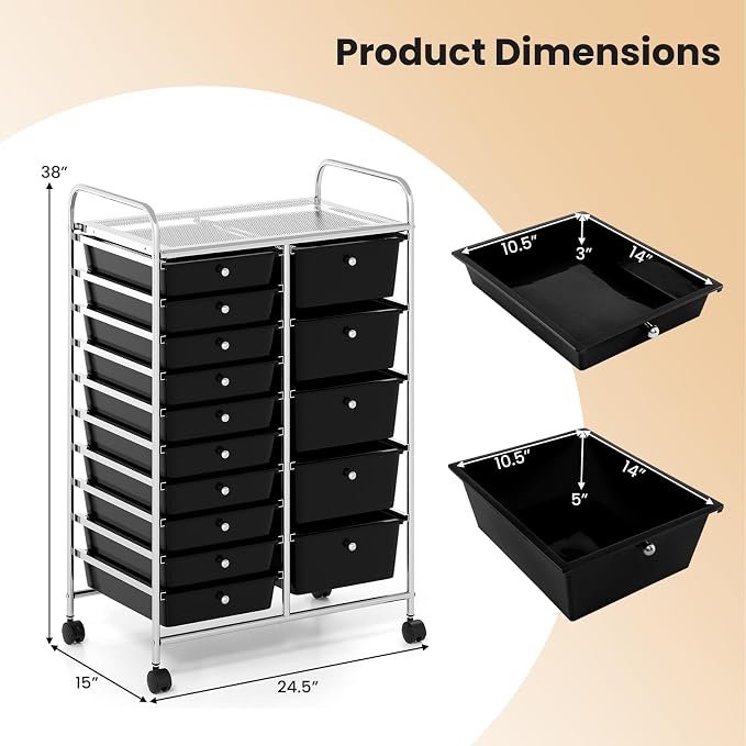 DREAMADE 15-Drawer Rolling Storage Cart, Mobile Craft Cart, Black | Utility Organizer with Lockable Wheels, Removable Plastic Drawers and Metal Frame for Home Office, Classroom and Studio
