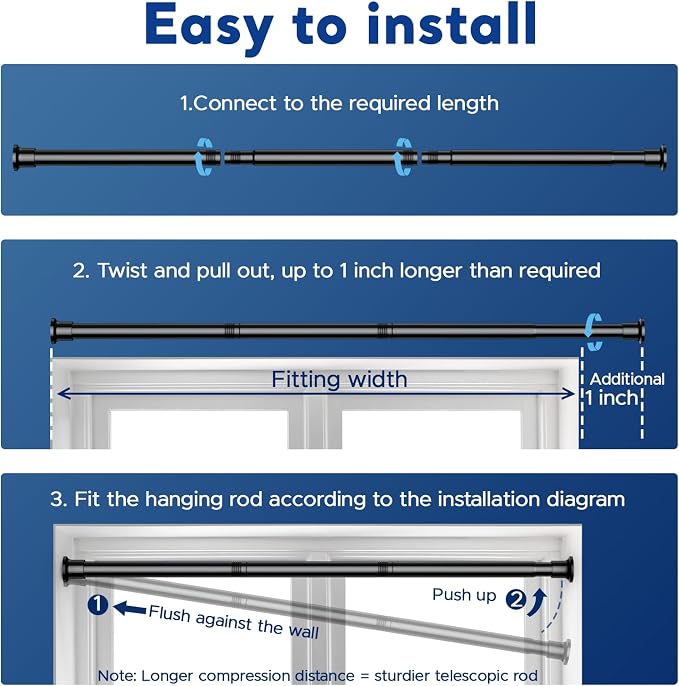 Tension Rods 48 to 84 Inch, 1" Heavy Duty Adjustable Spring Tension Curtain Rod - Non-Slip No Drill Shower Curtain Rod for Bathroom, Window, Closet & Doorway, Black