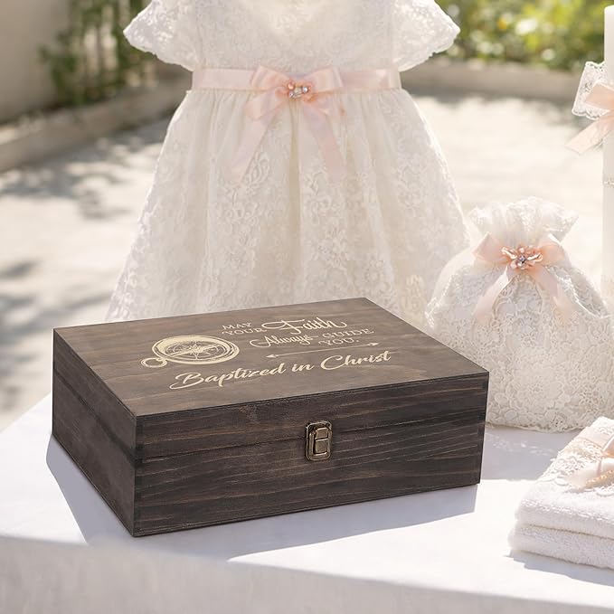 Engraved Baptism Memory Box – Wooden Keepsake Box for Christening Gifts, Baby Dedication, or First Communion – X-Large Size – Dark Walnut Finish –14.12 x 9.5 x 4.5 in
