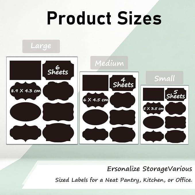 HERDIN Chalkboard Label Stickers, 120-Pc Set with 7 Markers | 120 Labels, 7 Markers, 3 Sizes, 8 Shapes, Waterproof Writing Surface, Pantry Jars, Food Containers, Storage Bins, Mason Jars