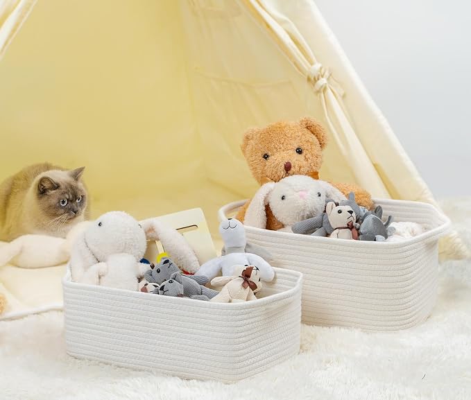 CubesLand Cute and Durable Small Cotton Rope Basket for Organizing | Woven Closet Storage Bin,Shelves Closet Storage Basket, Bathroom Storage Organizer Bin, Nursery Toy Basket Bin, White Basket