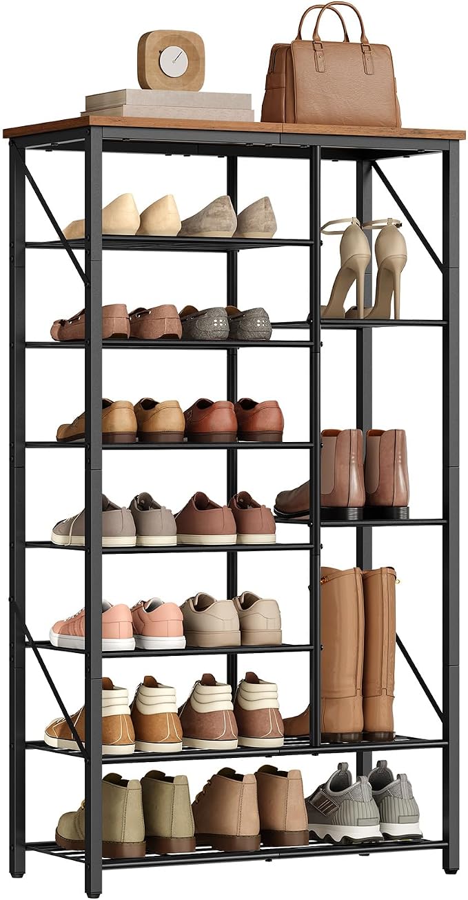 HOOBRO 8 Tier Shoe Rack for Entryway, Large Capacity Tall Shoe Storage | 27.6" L Shoe Shelf, Storage Organizer with Metal Plates, Sturdy and Stable, for Bedroom, Hallway, Closet Rustic Brown