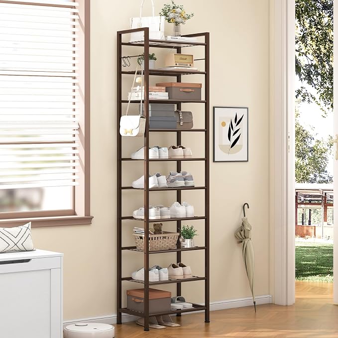 usikey 10 Tiers Narrow Shoe Rack 20-30 Pairs, Sturdy Metal Tall Shoe Rack Shelf with 4 Hooks, Slim Shoe Storage with Metal Shelf, Space Saving Vertical Shoe Organizer for Closet Entryway, Bronze
