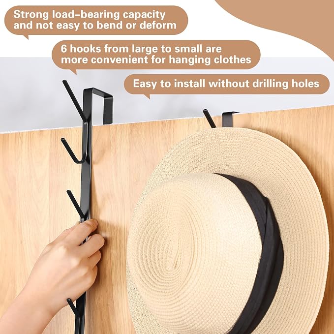 Tandefio 4 Pack 13.8" Over The Door Hook Hanger Comes with 6 Hooks from Large to Small Metal Extra Long Over The Door Hooks Hanger for Hats Rack Coat Scarf Purse Bags Scarf Keys and More (Black)