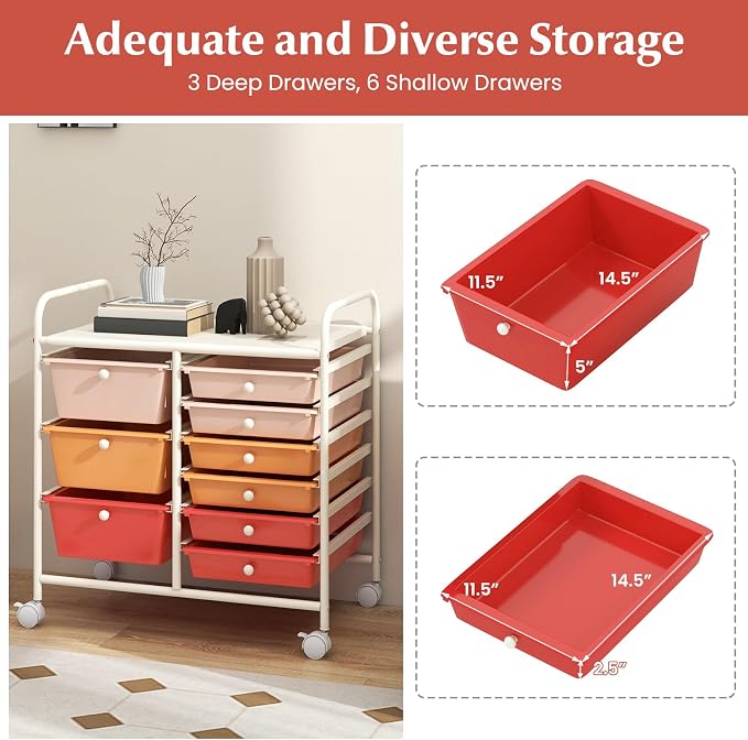 Moccha 9-Drawer Rolling Storage Cart - Under Desk Storage Drawers with wheels for Craft Art Supply Paper Salon, Scrapbook Paper Tools, Mobile Utility Cart for Classroom, Macaron