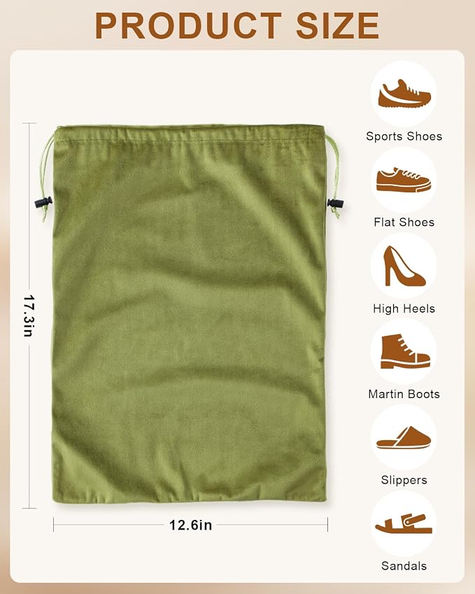 4 Pcs Shoe Bags for Travel, Dust Velvet Bags, Sage Green, 17.3x12.6 Inch | Washable & Reusable Travel Shoe Bags, Dustproof Shoe Bags with Drawstring Closure, Suitable for Travel, Home Storage