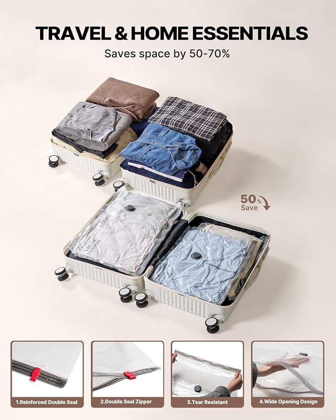 Vacuum Seal Bags for Clothing Travel with Rechargeable Cordless Pump, VINTAR 12 Pack Space Saver Vacuum Storage Bags(3J+3L+3M+3S), Compression Packing Bags for Luggage and Suitcase
