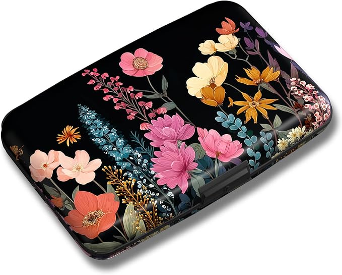 Maicican Credit Card Holder, Mini RFID Blocking Aluminum Wallet | Slim Metal Hard Case Travel Wallet ID Case for Women and Men, 4.3 x 2.9 Inches, Blooming Flowers
