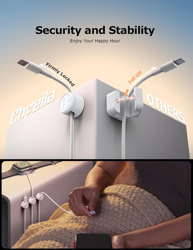 9 Pack Magnetic Cable Clips - Chfeila [Upgraded Twist-Lock] Cord Organizer, [360°Rotating Lid] Cable Management, Adhesive Wire Holder for Home Office Desk Desktop Nightstand Car Table Wall (White)