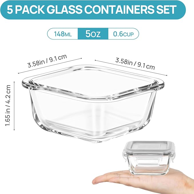 Vtopmart 5Pack 5oz Small Glass Storage Containers with Lids, Glass Meal Prep Food and Sauce Container Sets with Snap Airtight Lid for Microwave, Oven, Freezer and Dishwasher, Grey