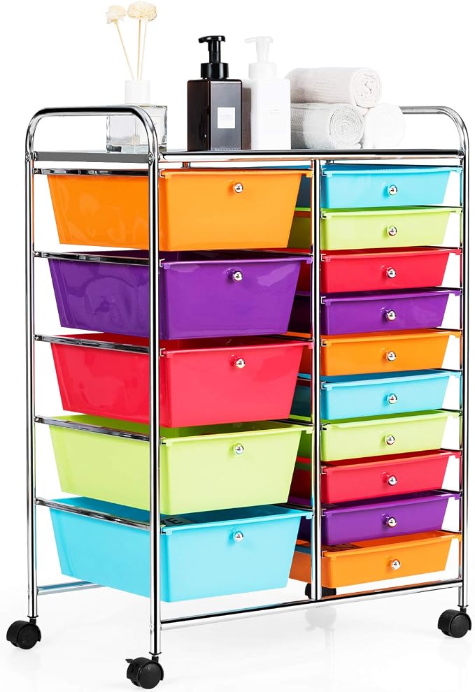 HAPPYGRILL 15-Drawer Rolling Cart, Storage Carts with Removable Drawers & Steel Frame, Utility Cart on Lockable Wheels for Home, School, Office,Multicolorful