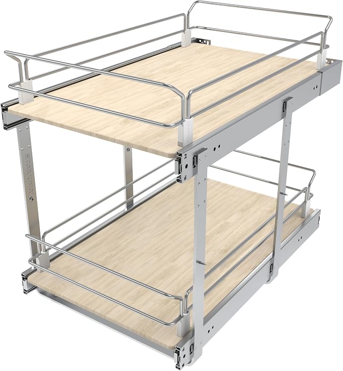 2 Tier Pull Out Cabinet Organizer 14.45" W X 22" D, Wood & Chromed | Full Slide Out Drawers For Kitchen Cabinets, Cabinets Capacity Heavy Duty Caddy, Cabinet Pullout Shelves , Pantry Storage