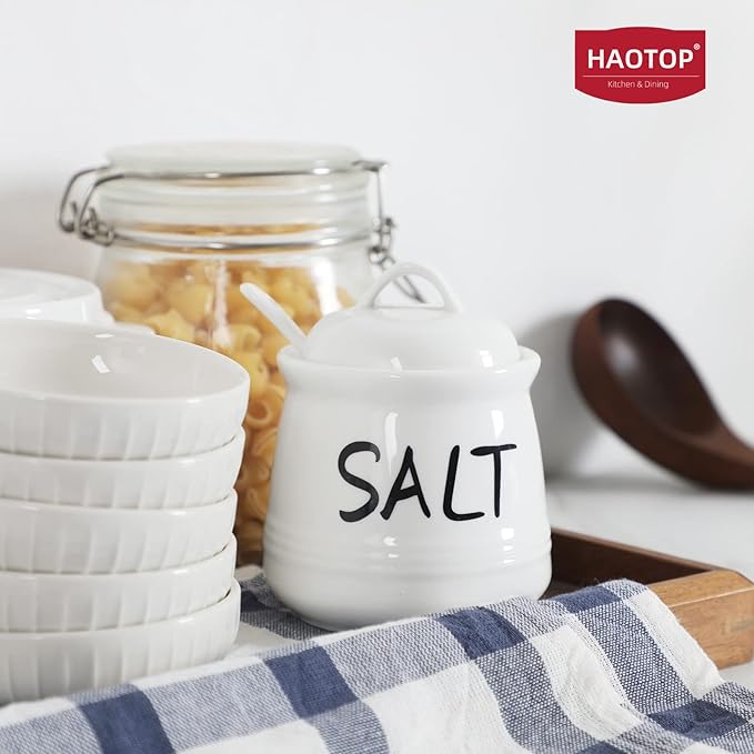 HAOTOP Salt Bowls with Lid and Spoon -12 oz Ceramic Salt Cellar, Salt Containers, Spice Box for Counter, Farmhouse Kitchen Decor, White