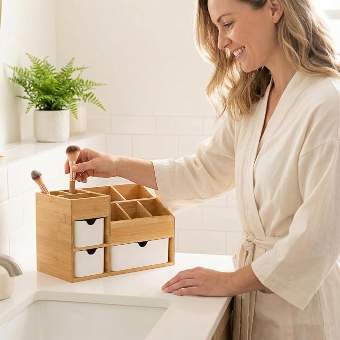 Bamboo Makeup Organizer, 11.5x5.4in | 3 Drawers, Dresser Cosmetic Organizer Box, Bamboo Desk Organizer for Home, Adjustable Dividers