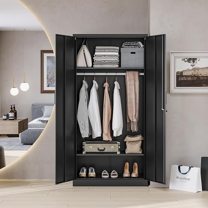 MIIIKO Steel Wardrobe Cabinet for Clothes, 72" Garments Closet Cabinet for Home Office and Bedroom with Shelves and Hanging Rod