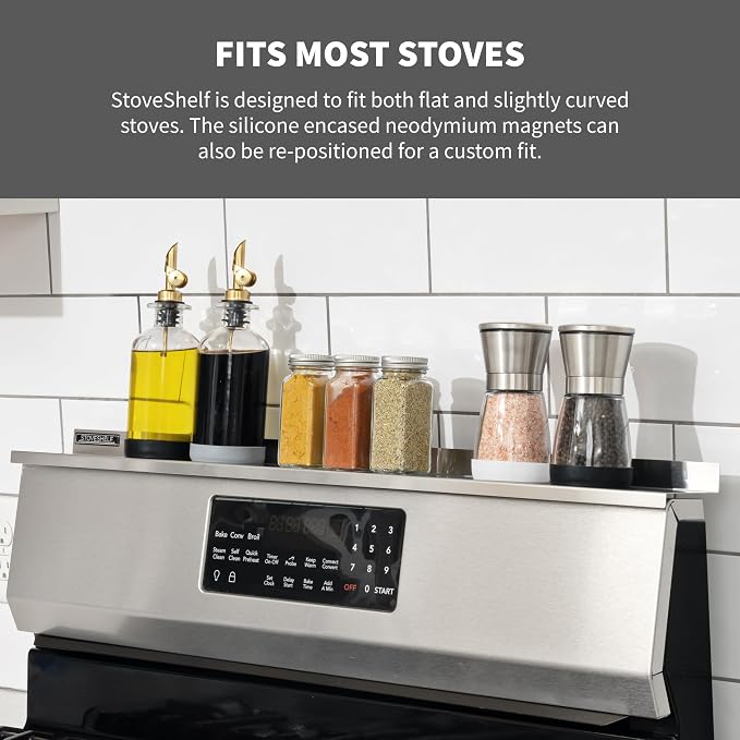 StoveShelf 30" Length Stainless Steel Finish Magnetic Shelf for Kitchen Stove - Kitchen Storage Solution with Zero Installation - Over Stove Spice Rack Organizer