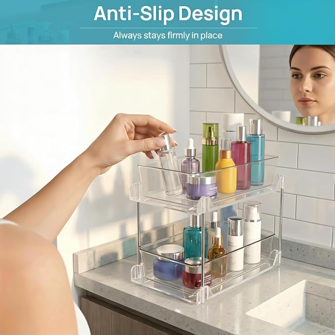 1 Pack Bathroom Organizer,2 Tier Clear Under Sink Organizers Vanity Countertop Storage Container,Cabinet Drawers Bins, Pull-Out Organization with Track for Pantry, Kitchen