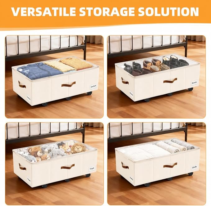 Under Bed Storage with Wheels,Underbed Storage with Sturdy Sidewalls/Bottom, Clear Cover, Label and PU Handle, Rolling Under Bed Drawers for Clothes, Shoes, 11 Inch Height,Beige, 2 Pack