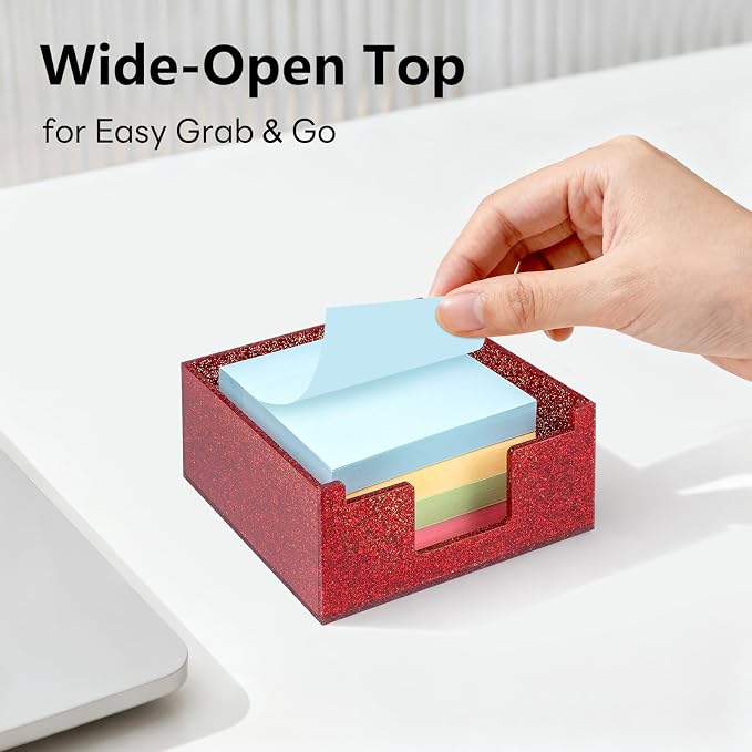 Acrylic Sticky Note Holder 4x4in Tray for Desk, Red Glitter | Sparkling glitter acrylic tray, fits 3x3 sticky notes, compact organizer for office school and home