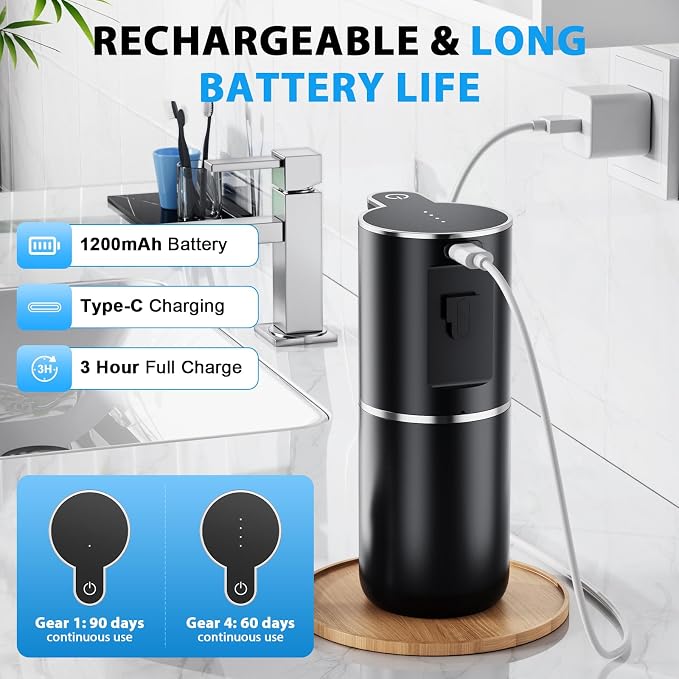 Fantictas Automatic Foaming Soap Dispenser Touchless, 4 Adjustable Levels | Foam Soap Dispenser 380ML, USB Charging Wall Mount for Kitchen & Bathroom, IPX5 Waterproof