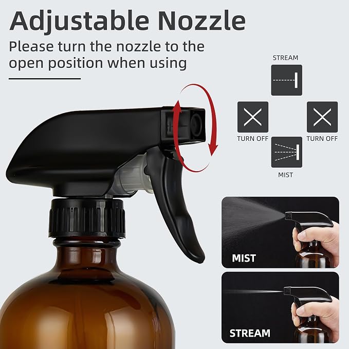 Amber Glass Spray Bottles 16 oz, Adjustable Nozzle, 2 Pack | For Cleaning, Essential Oils, Plants, Hair Mister, Room Sprays