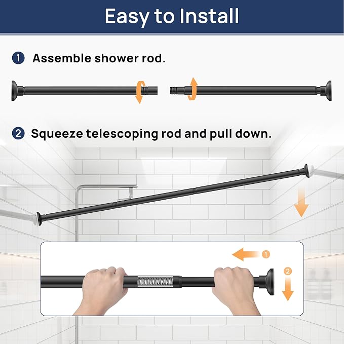 ENJOYBASICS Matte Black Shower Curtain Rod 30 to 64 Inches, Stainless Steel Adjustable Spring Tension Rods No Drill for Bathroom, Closet, Window, Room Divider, Never Rust, Non Slip