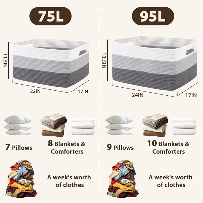 Optish 75L Large Blanket Basket, Woven Storage Baskets with Reinforced Handles, Rope Laundry Basket for Living Room, Bedroom, Nursery, Toys, Clothes,Pillows, 22” x 17” x 11.5”, White & Grey