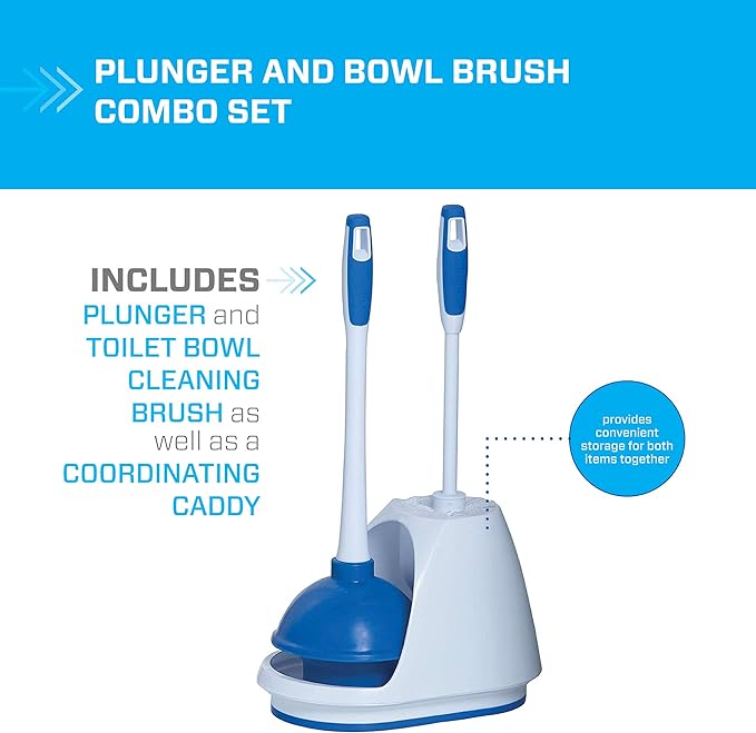 Mr. Clean Toilet Plunger and Bowl Brush Combo with Caddy, 3-Piece Heavy-Duty Plunger, Toilet Brush, and Caddy Set, White/Blue