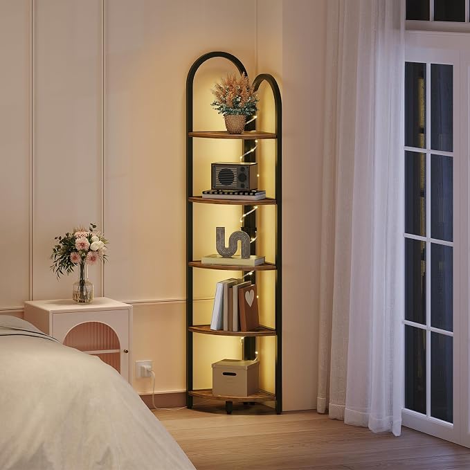 MAHANCRIS 5-Tier Corner Shelf with LED Light, 64.6'' Arched Corner Bookshelf, Narrow Storage Shelf with Metal Frame, for Living Room, Bedroom, Small Spaces, Rustic Brown and Black CSHR55101