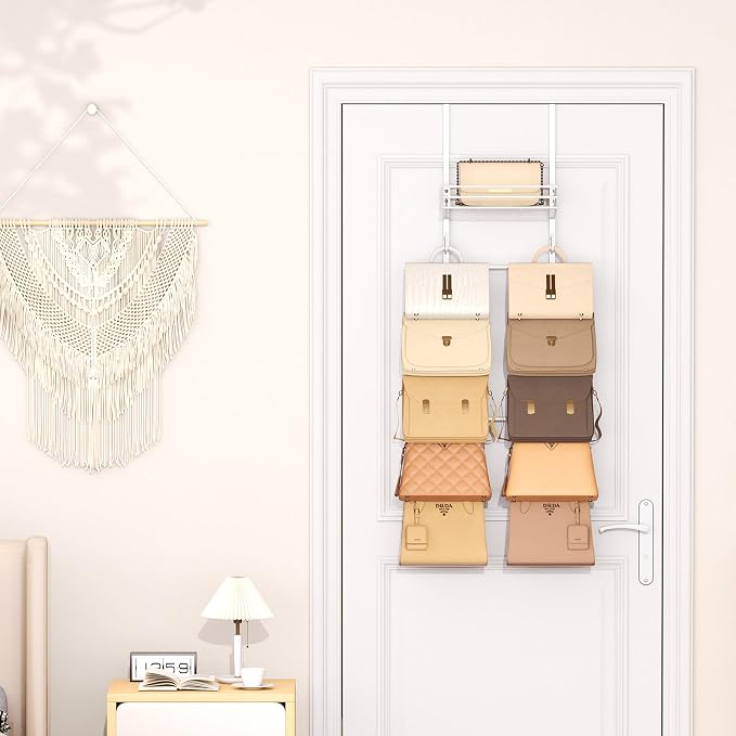 SWTYMIKI Over The Door Purse Organizer - Wall Mounted Handbag Organizer with 10 Hooks and Metal Basket, Hanging Purse Storage Rack Holds up to 10 Bags, Bag Rack Can Use As 1/2 Part, for Door, Closet