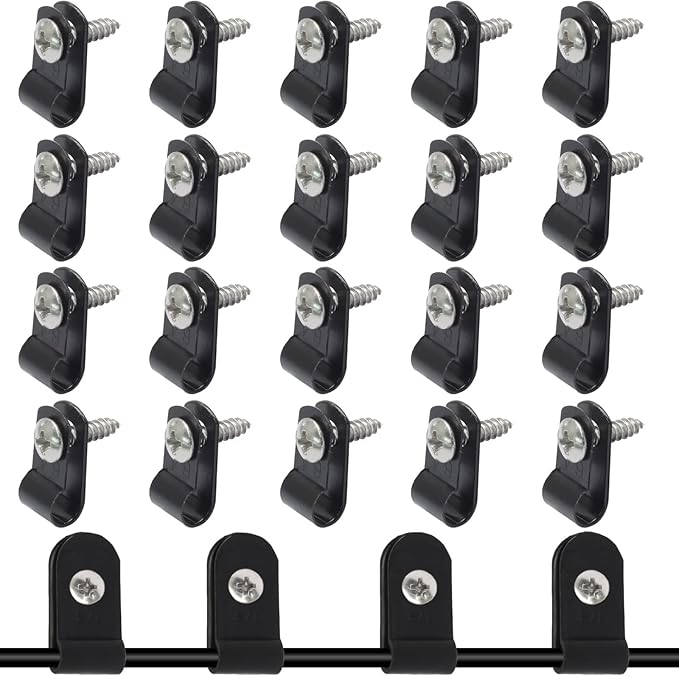 100 Pcs 1/8 Inch Black Nylon Cable Clip Wire Clamp | R-type, 3.3mm, Screw Mounting, Stainless Steel Screws Included, Wire Management