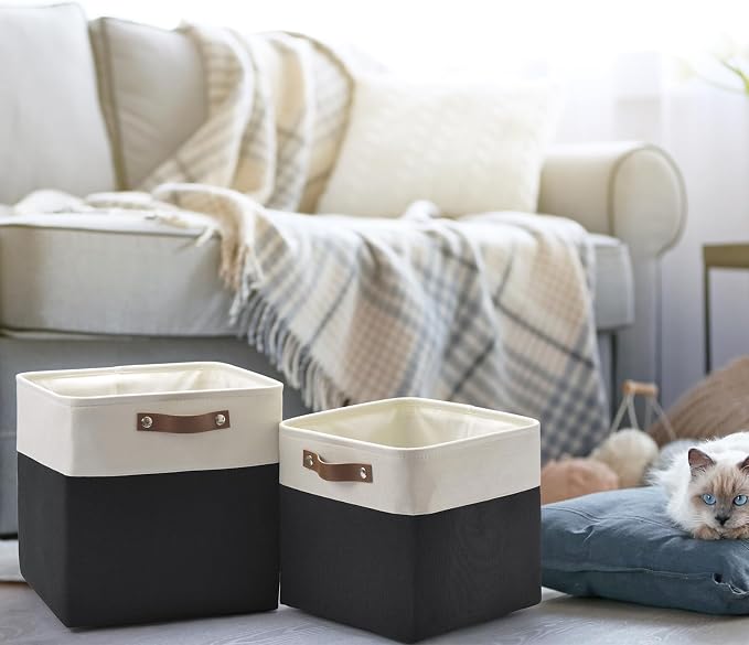 Patvingot Fabric Storage Cubes 11", 4 Pack, with PU Pull Handles,Foldable | For accessories on cube shelves or in closets; reinforced opening, pull-out access, folds flat when empty,white and black