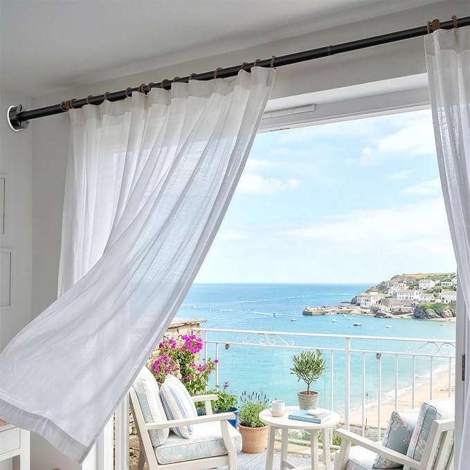 Heavy Duty Tension Shower Curtain Rod 48-74 Inch Black | Rustproof Steel, Drill-Free Mount, Adjustable Rods for Bathroom Sliding Door Patio Living Room, Non-Slip No-Tools Install