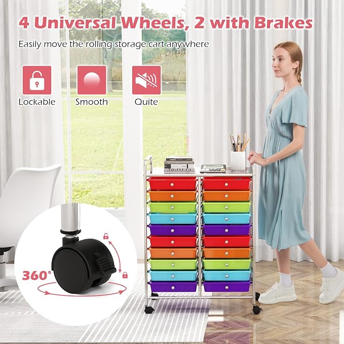 DREAMADE Rolling Cart with Storage Drawers, Utility Cart with Removable Plastic Drawers, Lockable Wheels, Art Cart for Classroom Organization Art Supplies Office Scrapbook (20 Drawers, Multi-color)