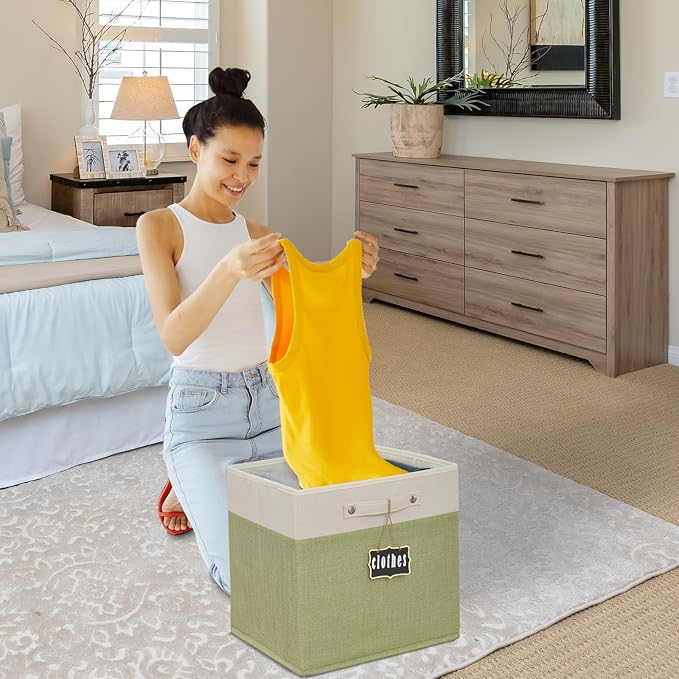 11 inch cube storage bin,Collapsible Fabric Storage Cubes with Labels 4 Pack,Linen Cube Storage Organizer Bins with Cotton Handles for Home,Nursery,Clothes,Cabinet, Shelves and Closet(White green).