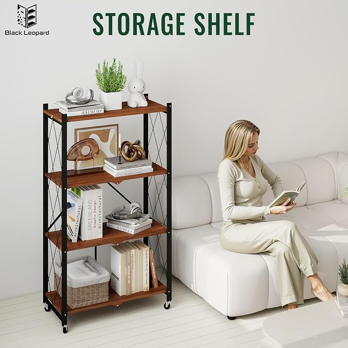 black leopard 4-Tier Foldable Shelf with Wheels, Wood-Grain Steel Shelves | Pre-assembled frame unfolds in seconds with tool-free wheel setup for fast, convenient use