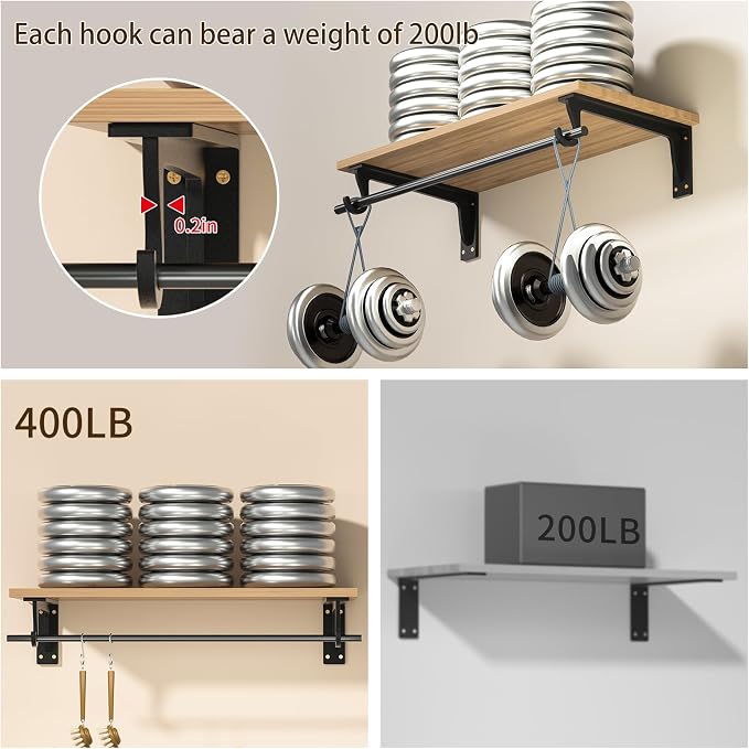 Heavy Duty Closet Rod Support Bracket 400lbs 12x5.6in(4pack Black) | Sturdiness Wall Mounted Shelf Brackets with Holders for Kitchen Bathroom Bedroom Office