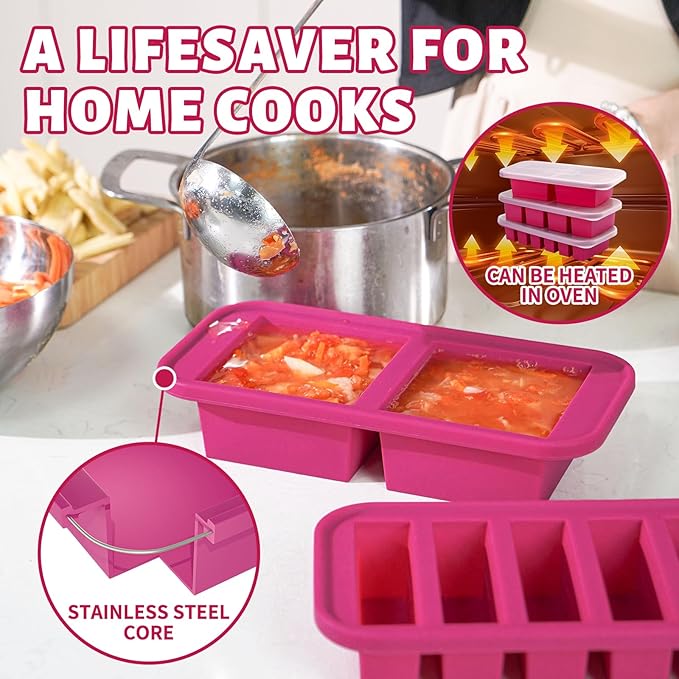 SHIKORI Silicone Freezer Trays with Lid,6-cup Soup Freezer Container large Ice Cube Molds with Reinforced Steel Ring Top for freezing Soup Sauce Broth Leftovers oven Dishwasher-Safe (Cranberry-6 Cup)